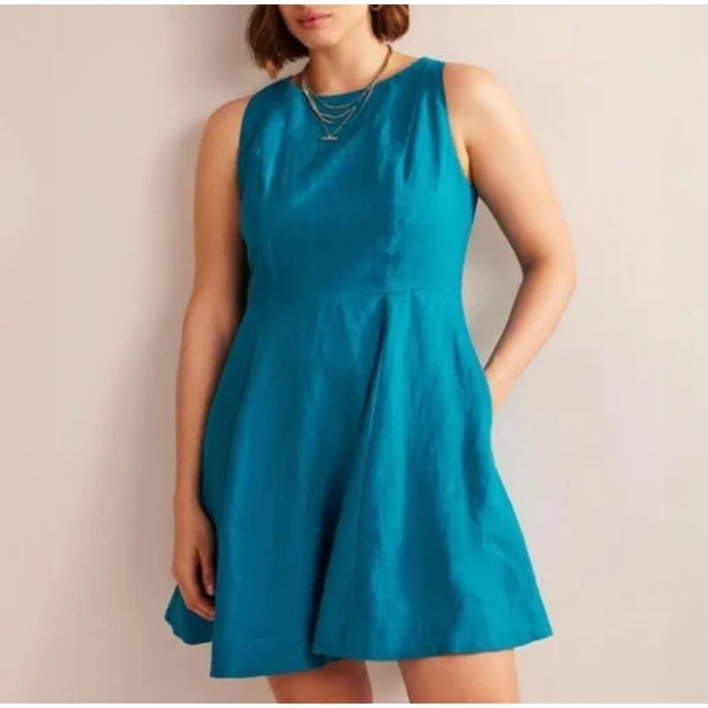 Boden Fit and Flare Short Dress Linen Teal Blue Sz 10 R NWT